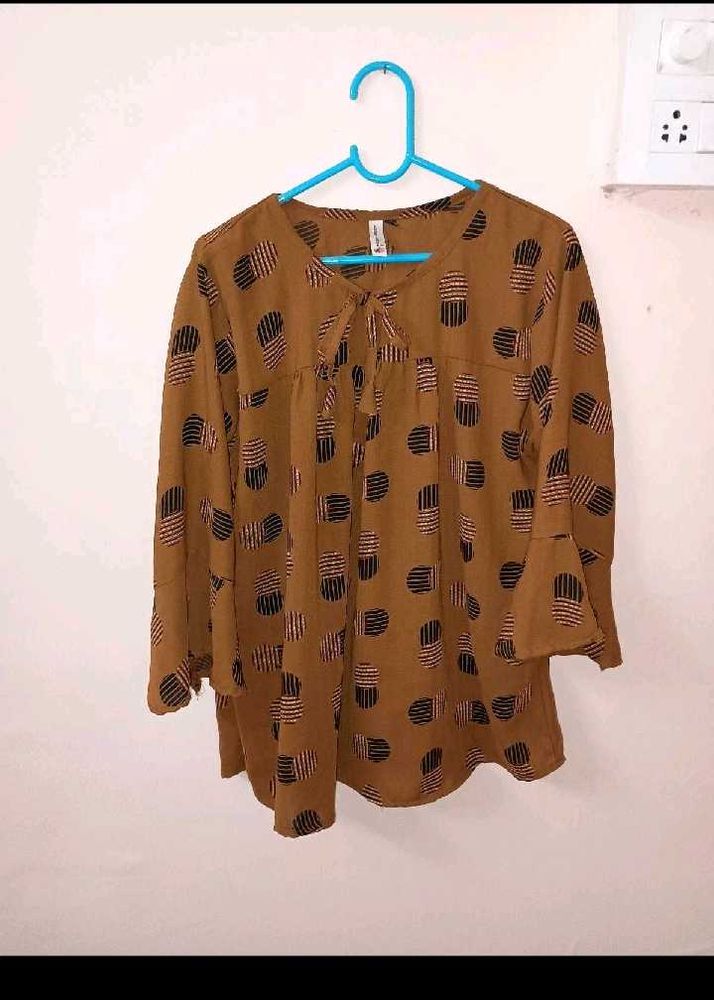 Brown Printed Tie Neck Top