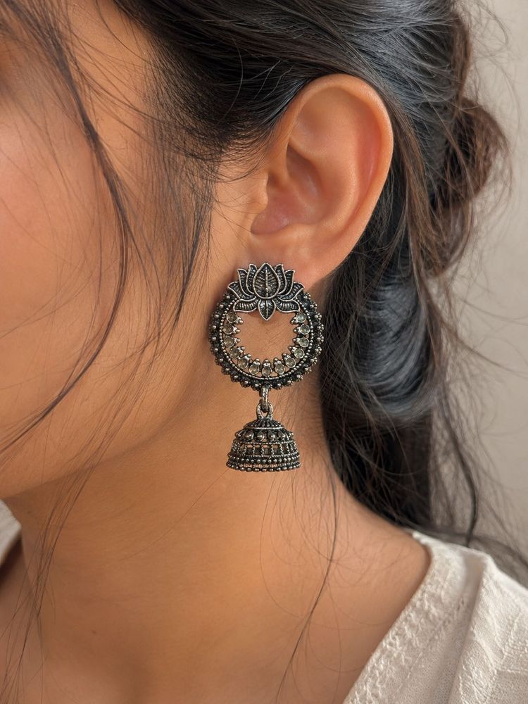 🖤Antique Silver Lotus Jhumka Earrings | Oxidised