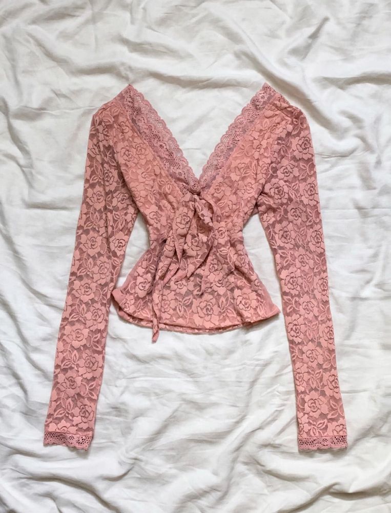 Pink Lace V-Neck Long Sleeve Top