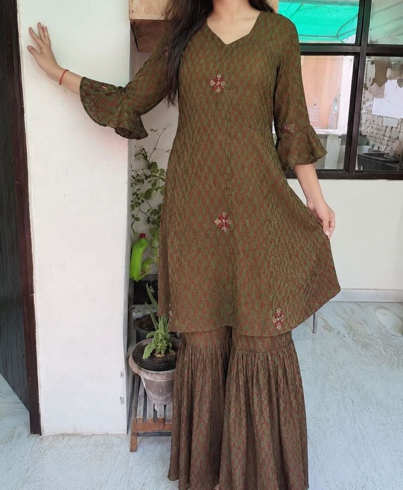Elegant Olive Kurta with Palazzo Set