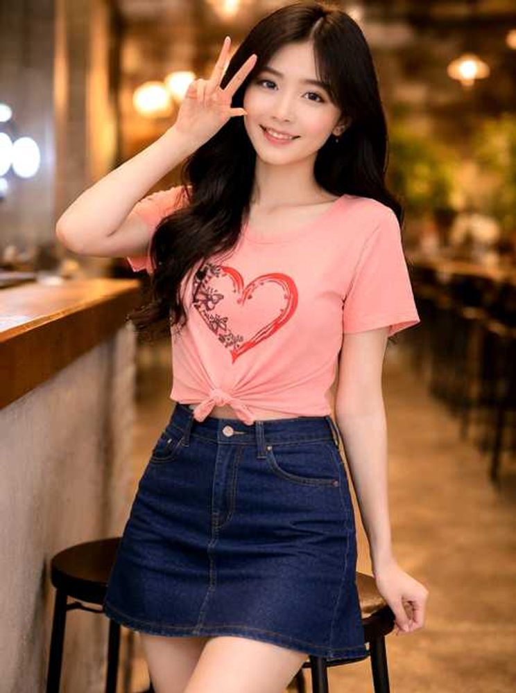 Cute Pink Heart Tie-Front Top and denim skirt set