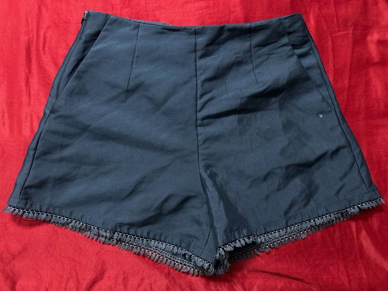 Navy Blue High-Waisted Shorts with Fringe