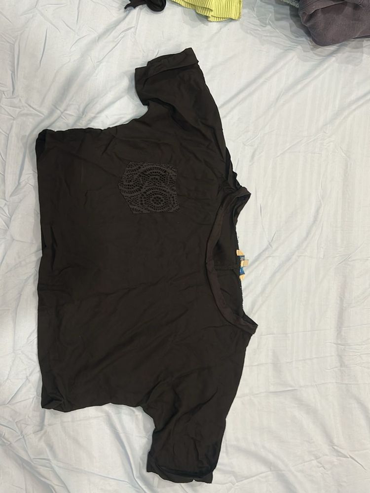 Stylish Black T-Shirt with Lace Pocket