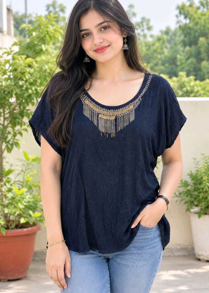 Women's Black Embellished Neck Top