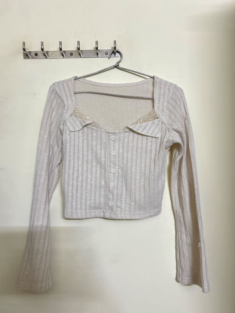 Cream Ribbed Bell Sleeve Top