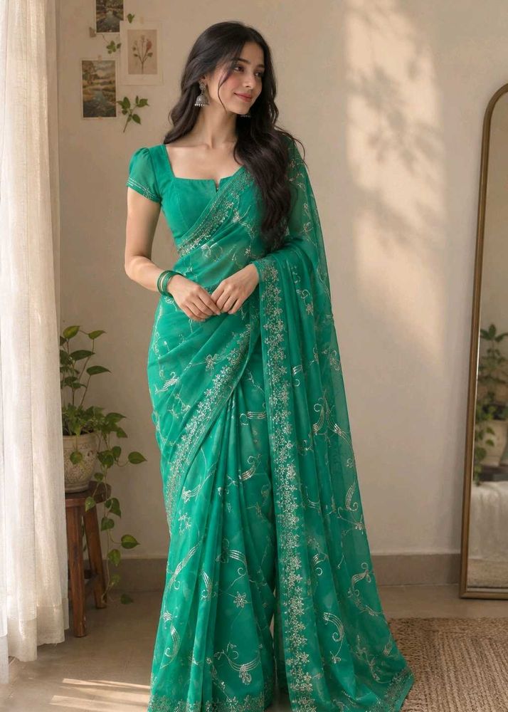 Emerald Green Saree with Silver Embellishments