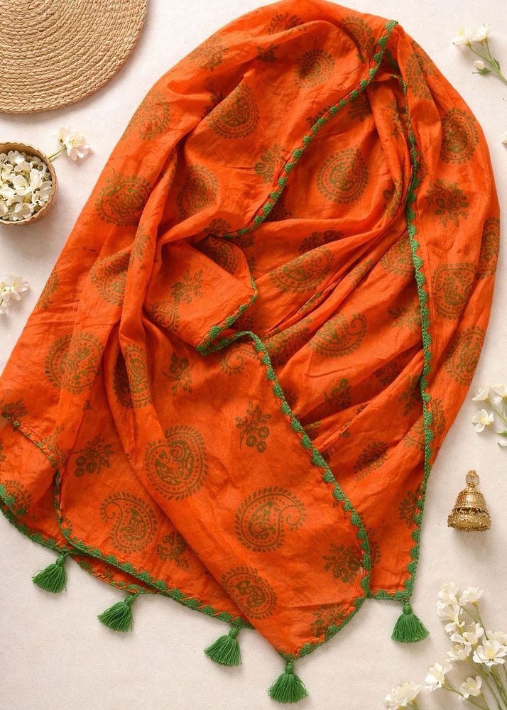 Orange Printed Dupatta with Tassels – Ethnic &amp; Sty