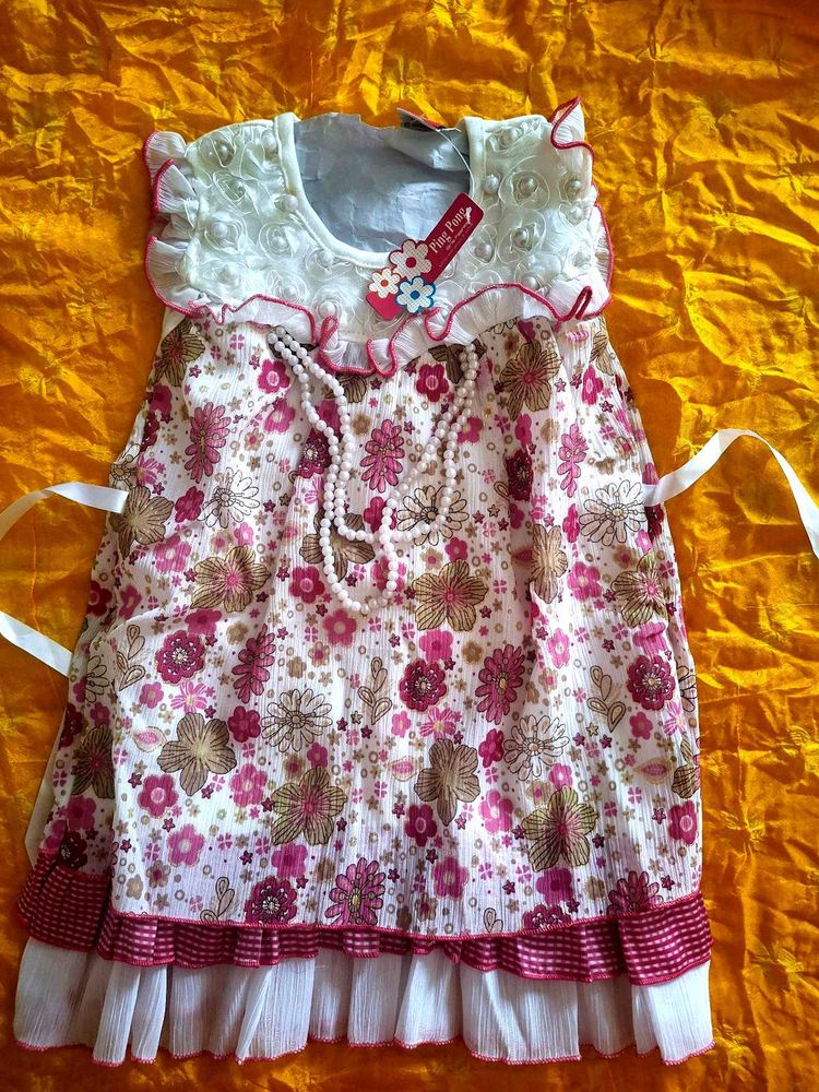Girls Floral Print Dress with Lace Details