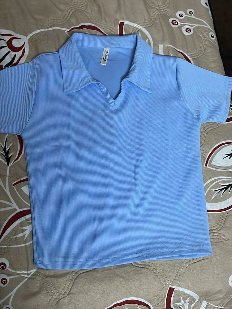 Baby Blue Ribbed Polo Crop Top
