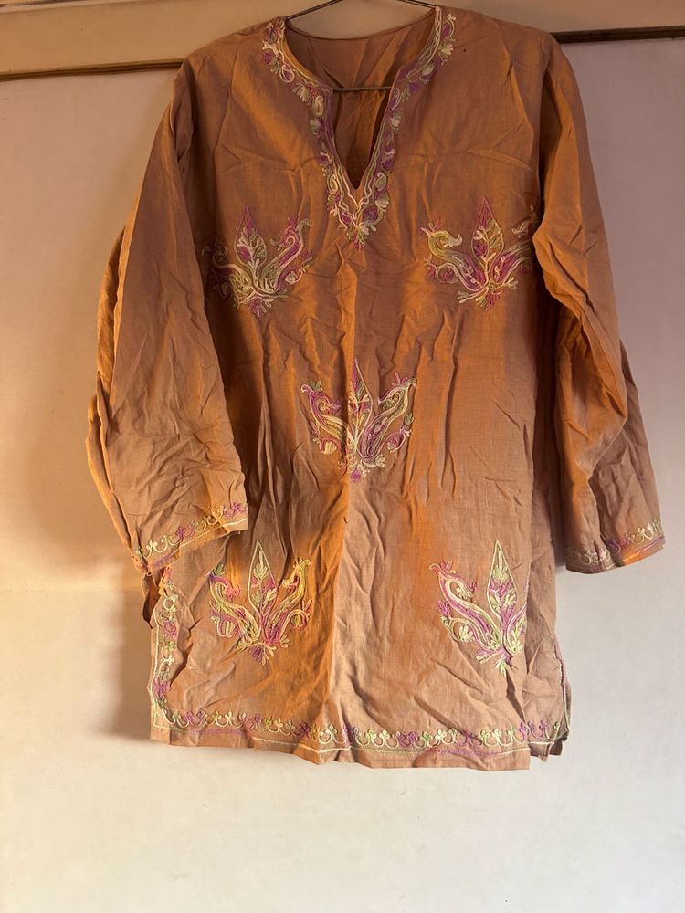 Taupe Coloured embroidered Short Kurti