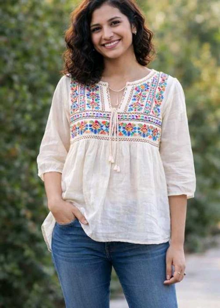 Embroidered Cream Cotton Top
