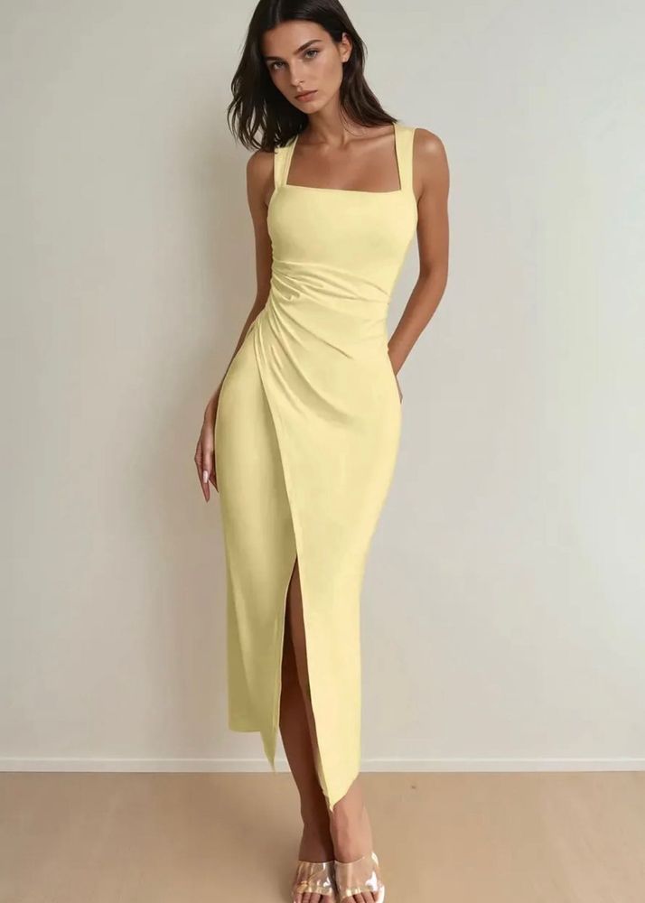Pastel Yellow Ruched Bodycon Maxi Dress
