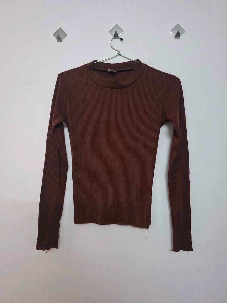 Brown Ribbed Long Sleeve Top