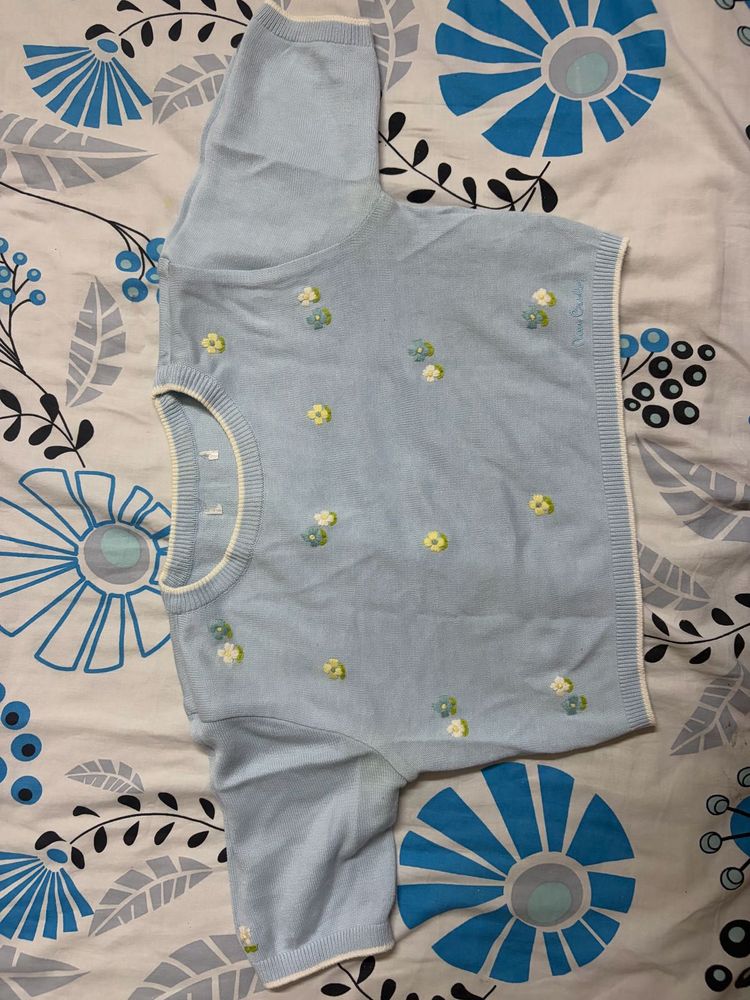 Light Blue Floral Embroidered Crop Top