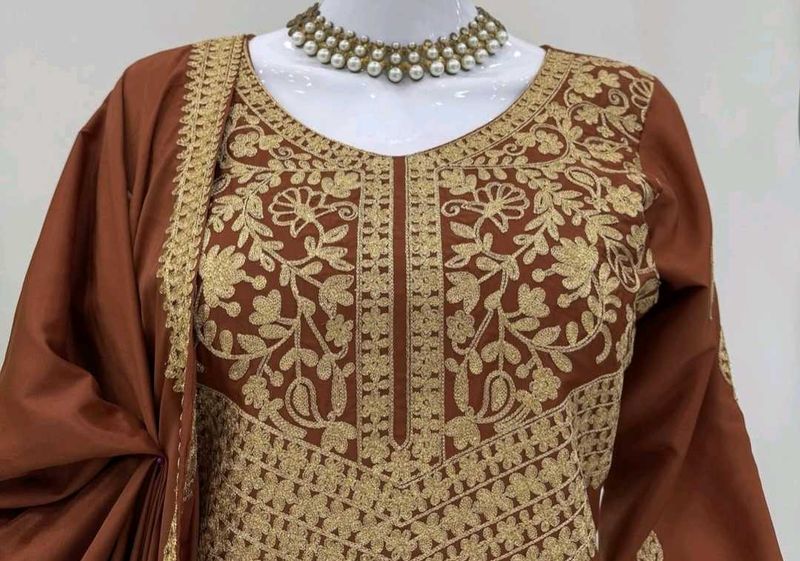 Elegant Embroidered Brown Kurta Set