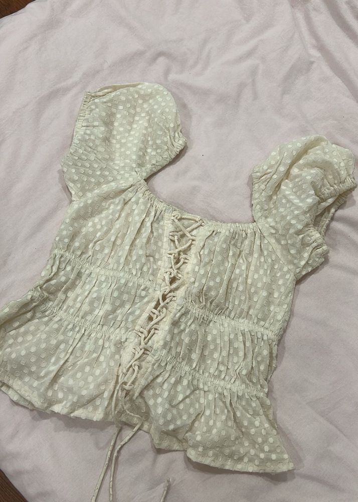 Cute Polka Dot Lace-Up Puff Sleeve Top