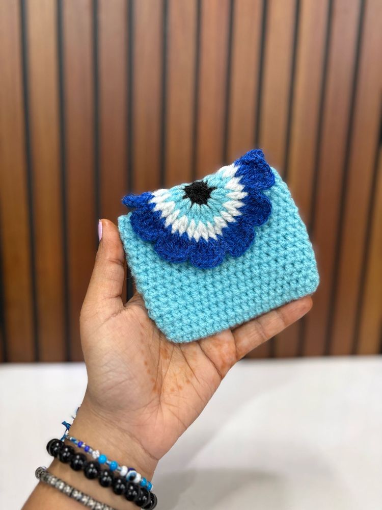 Handmade Blue Crochet Evil Eye Pouch