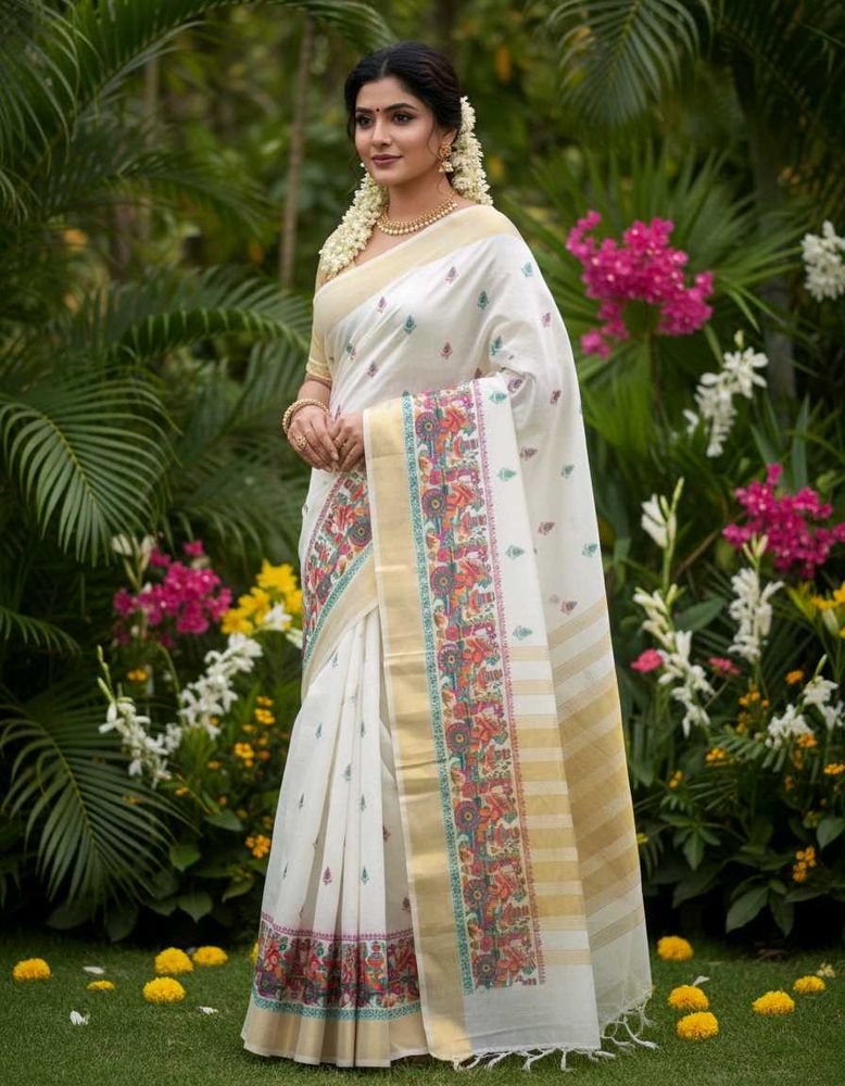 Elegant New Off White &amp; Gold Tussar Saree