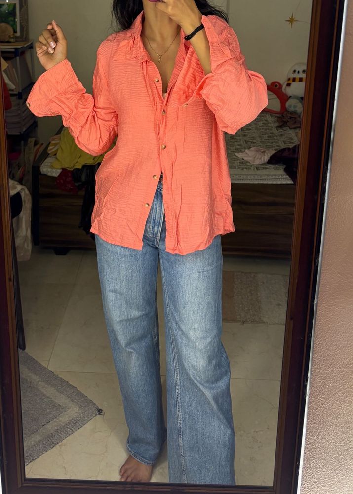 Coral Textured Collared Shirt