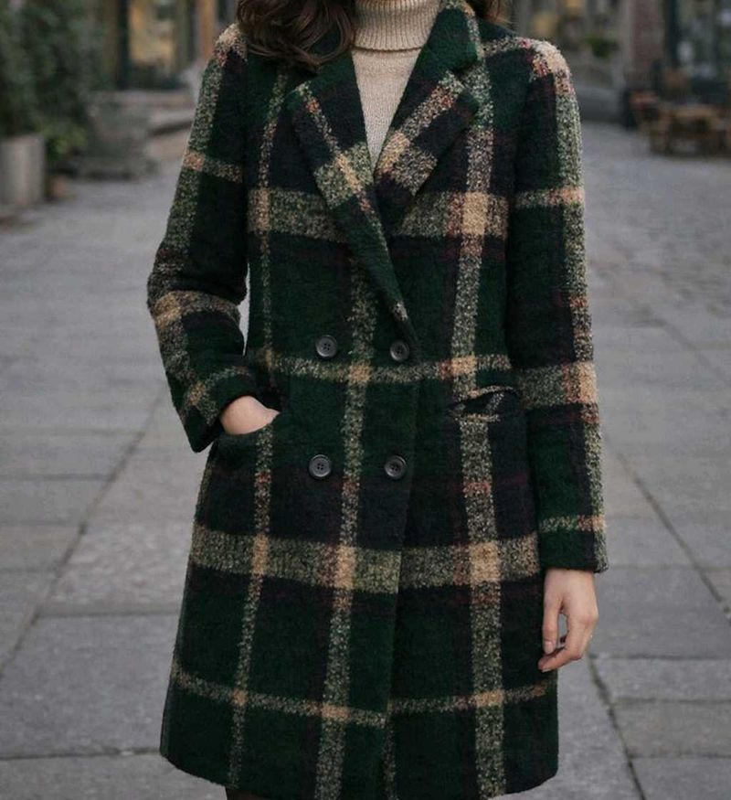 Green Plaid Wool Blend Coat