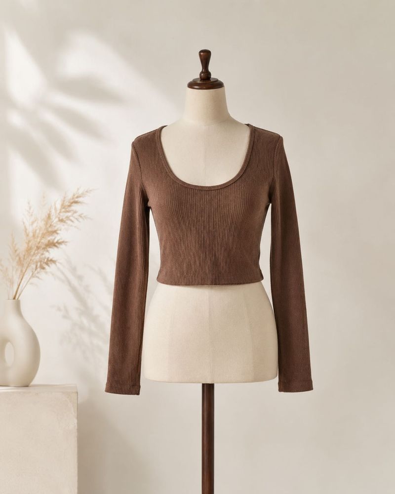 Brown Ribbed Long Sleeve Cropped Top