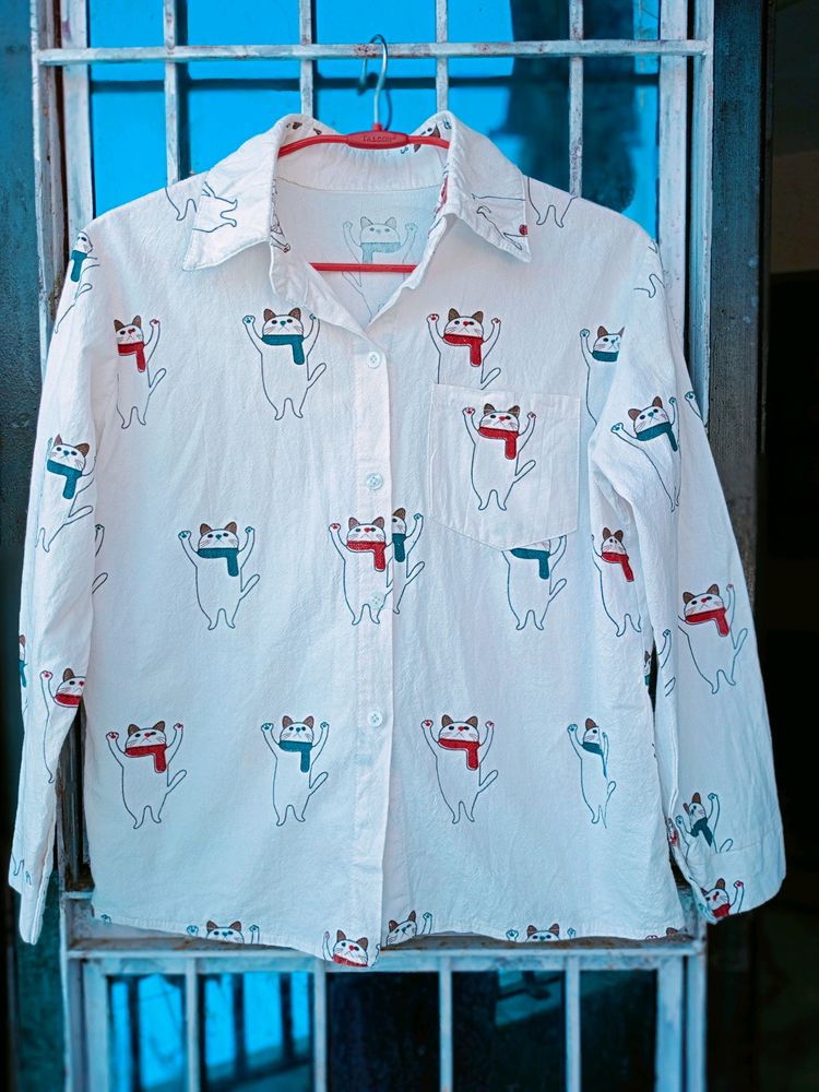 Cute Cat Print Button-Up Shirt