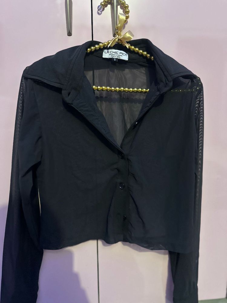 Sheer Black Button-Up Crop Top