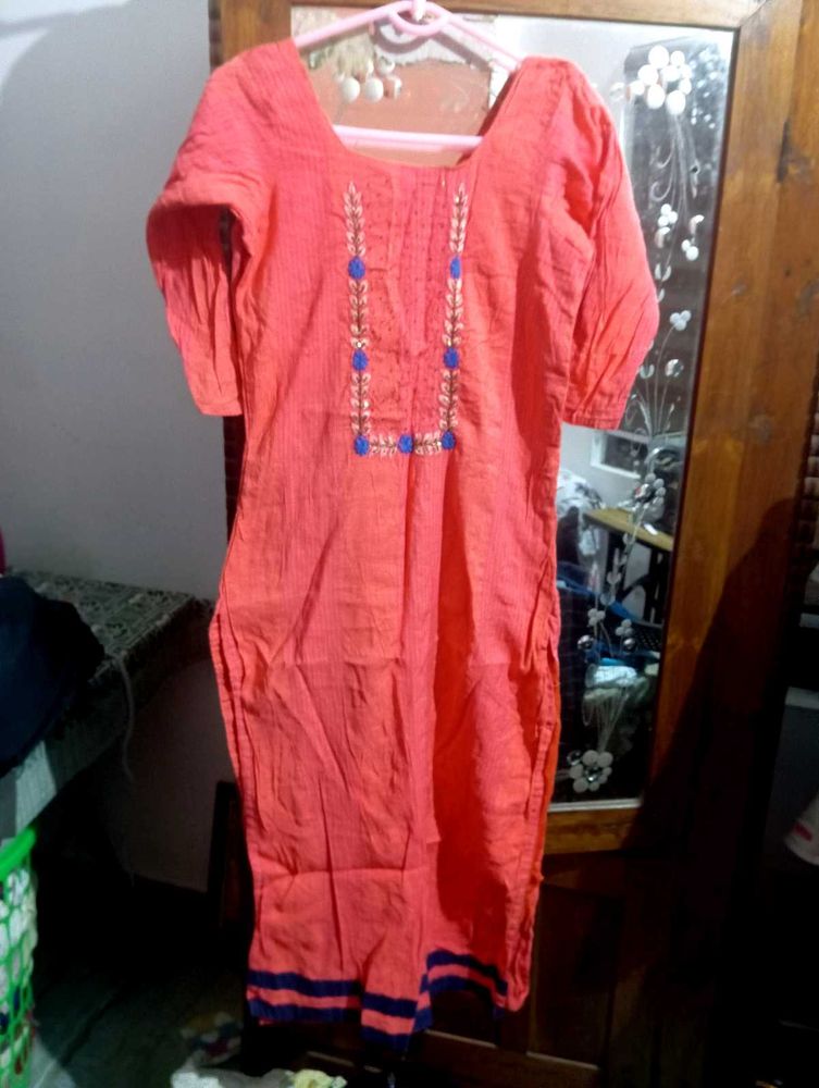 pinkish Orange Kurta with Blue Embroidery