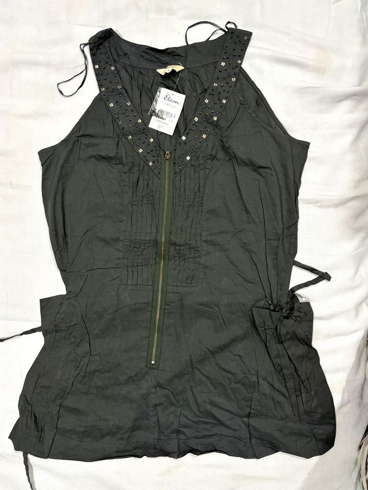 Sleeveless Embellished Zip-Up Tunic