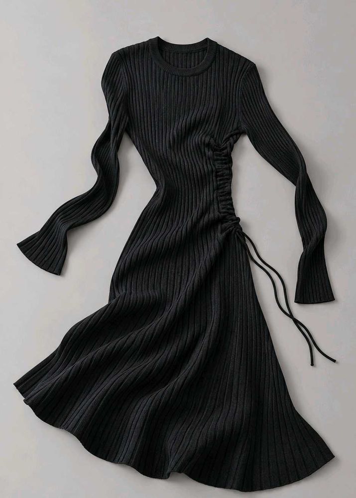 BLACK RIBBED TIE-WAIST MIDI DRESS