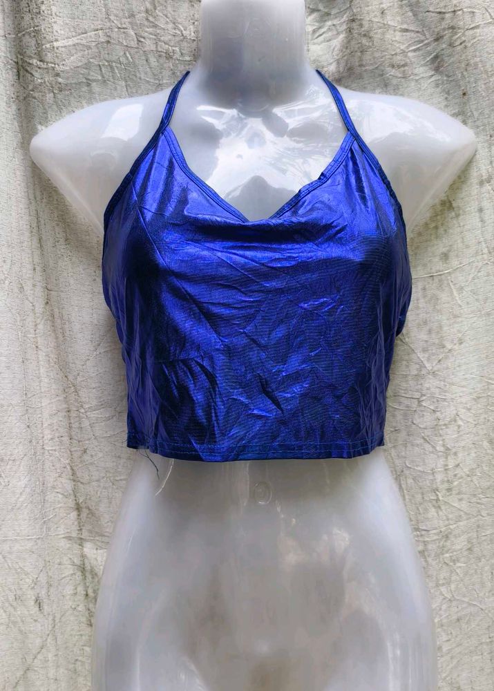 I. Shiny Blue Halter Neck Crop Top