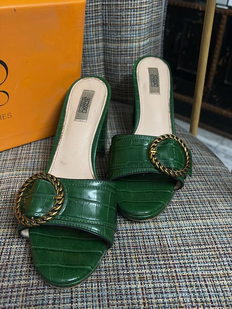 Rosso Brunello Green Heeled Mules