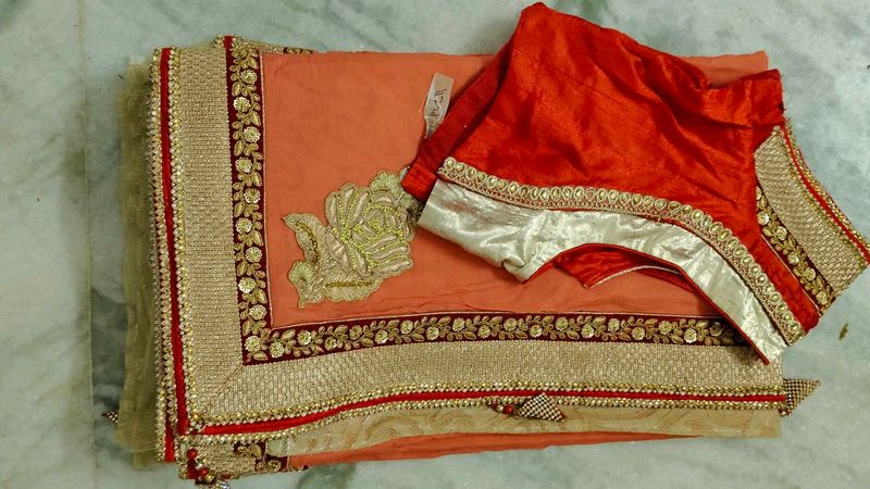 Elegant Peach Saree with Red Blouse