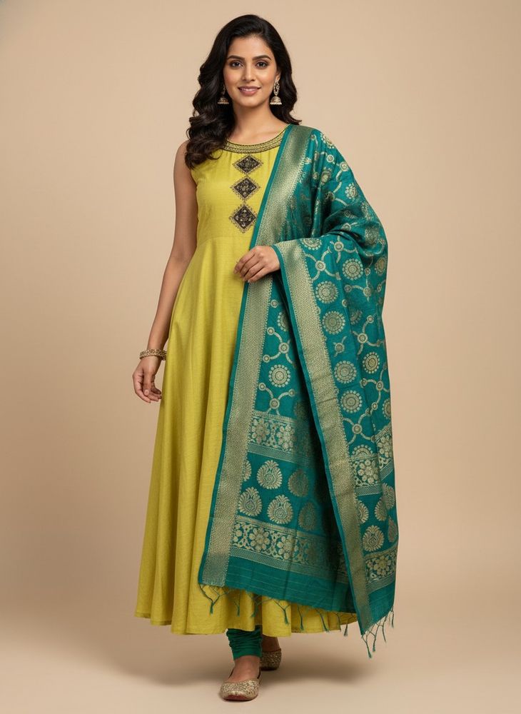 Elegant Yellow Anarkali Suit with Teal Dupatta