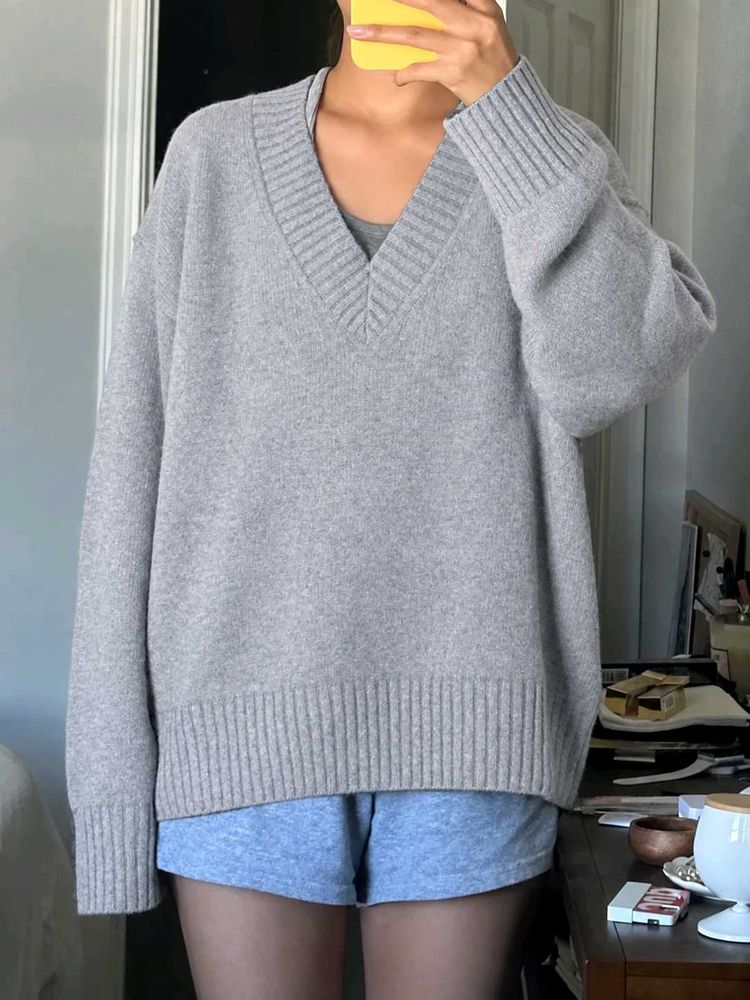 Zara Grey V-Neck Oversized Jumper