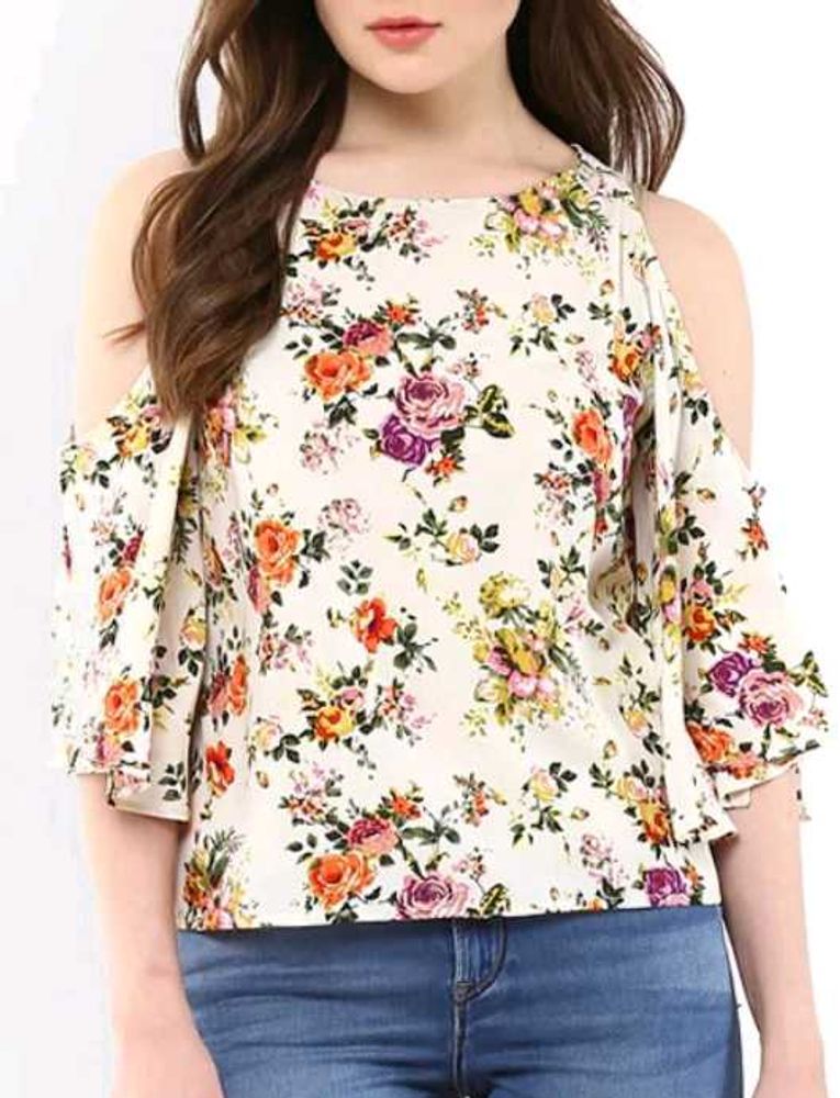 Women White Floral Printed Regular Cold Shoulder T