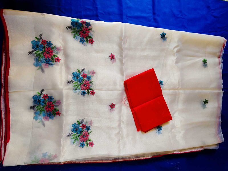 White Saree with Floral Printed