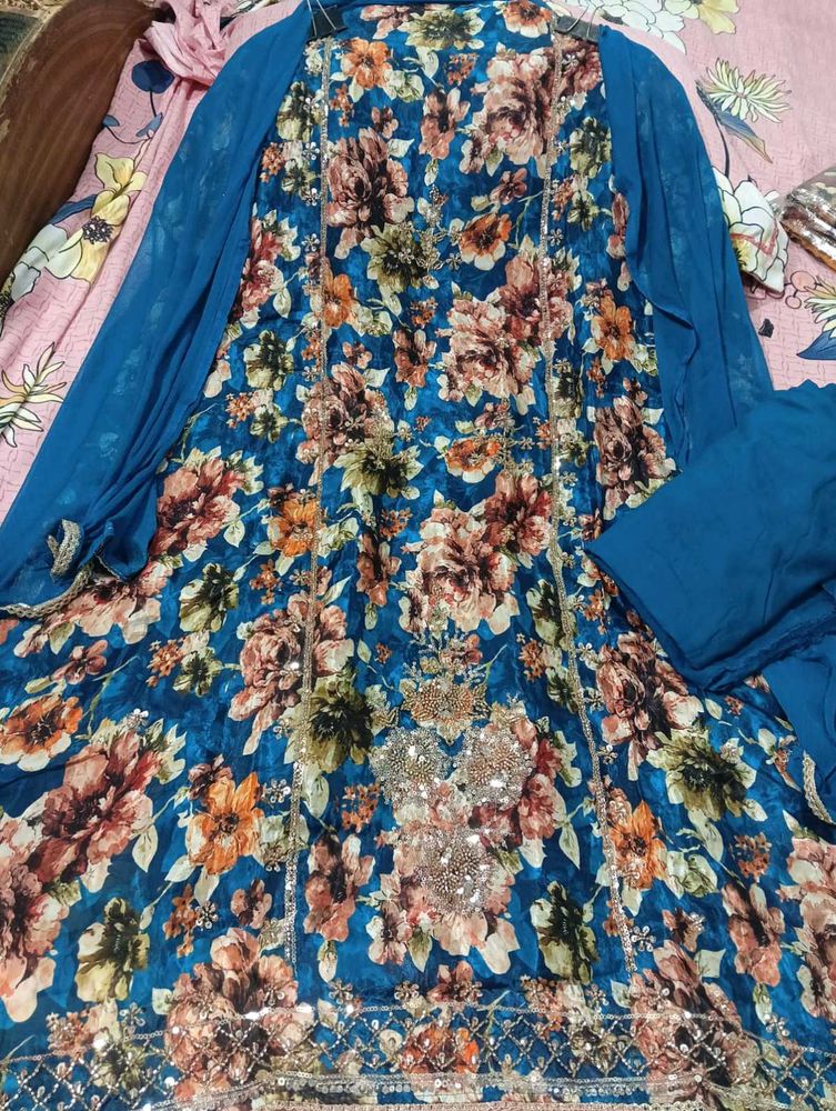 Blue Floral Kurta Set with Dupatta
