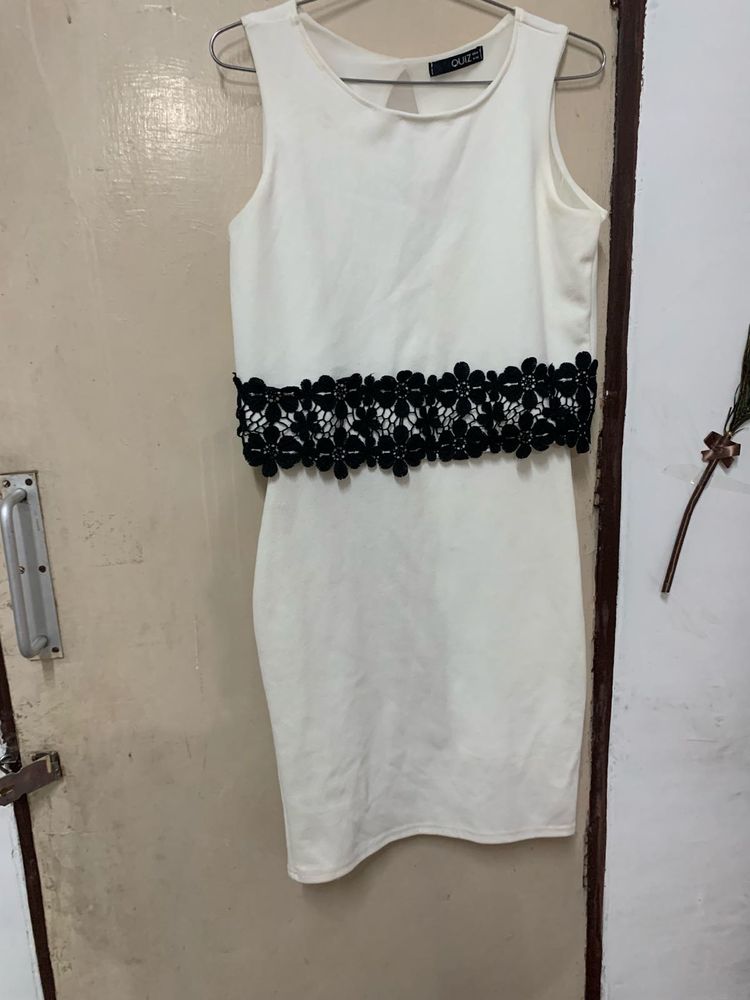 Women's White Dress with Black Lace Detail