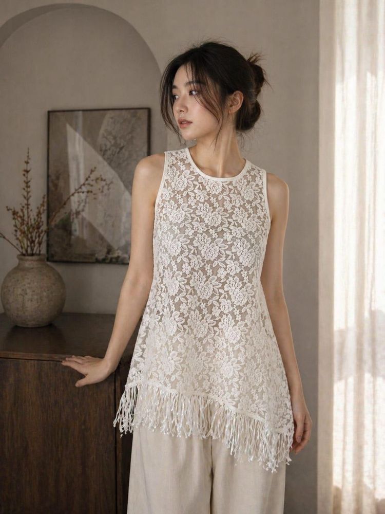 White Lace Tunic Top with Fringe