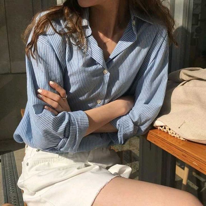 New with tag Korean Blue Striped Button-Up Shirt