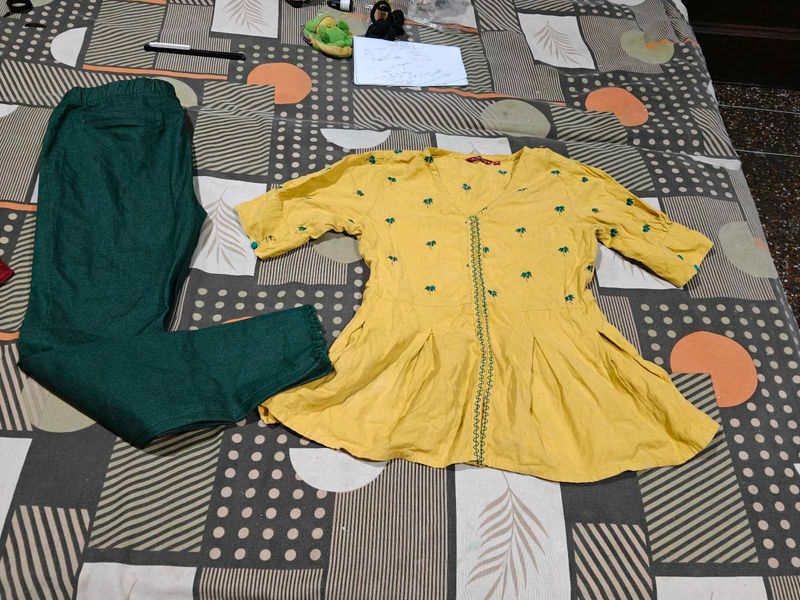 Yellow Kurta Set with Green Pants