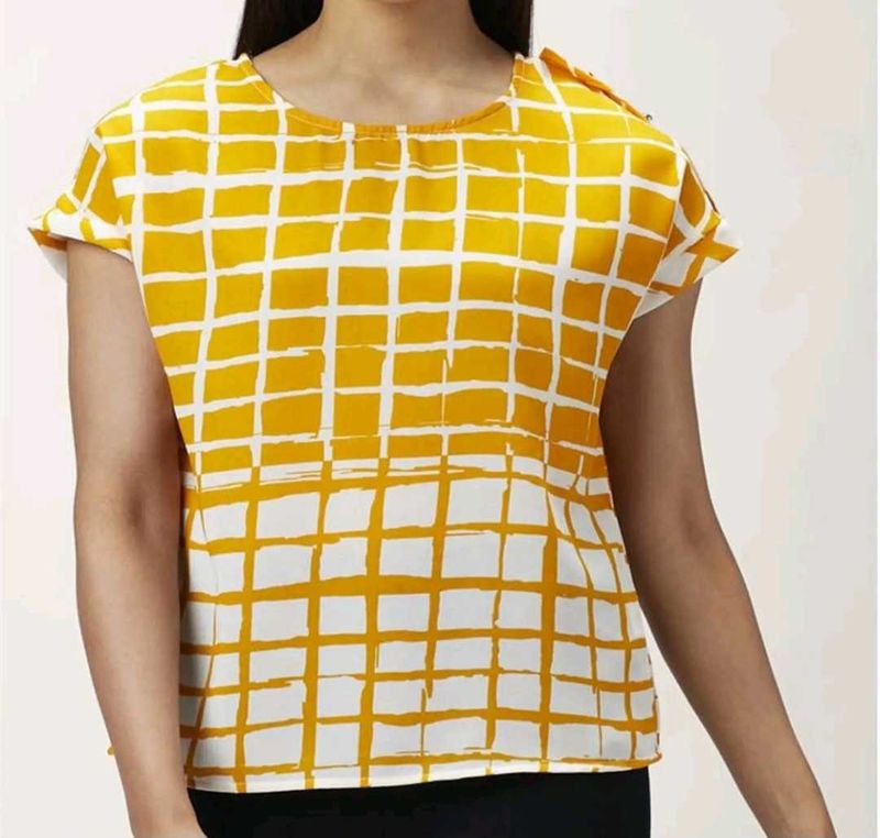 Yellow &amp; White Grid Print Top