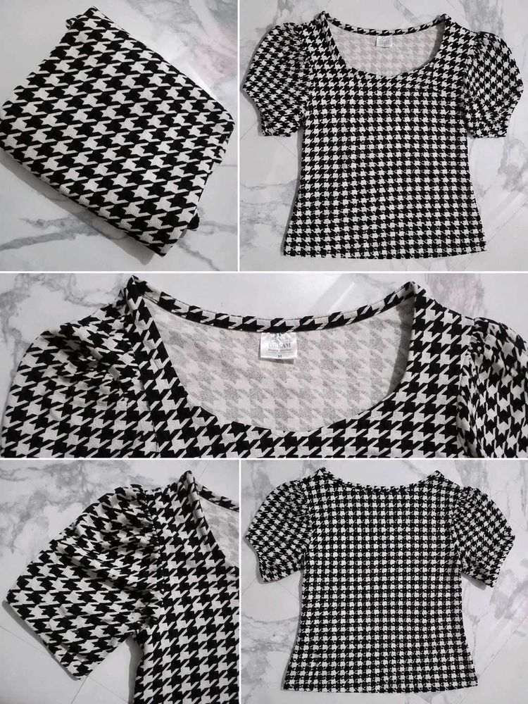 Houndstooth Puff Sleeve Top