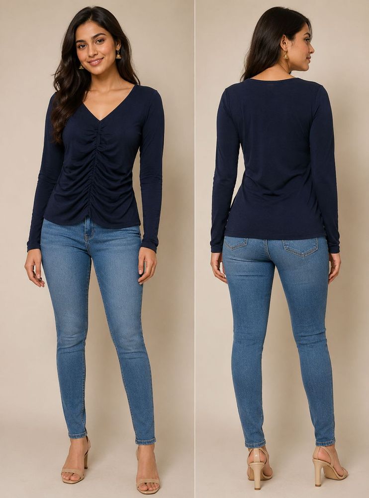 Navy Ruched V-Neck Long Sleeve Top