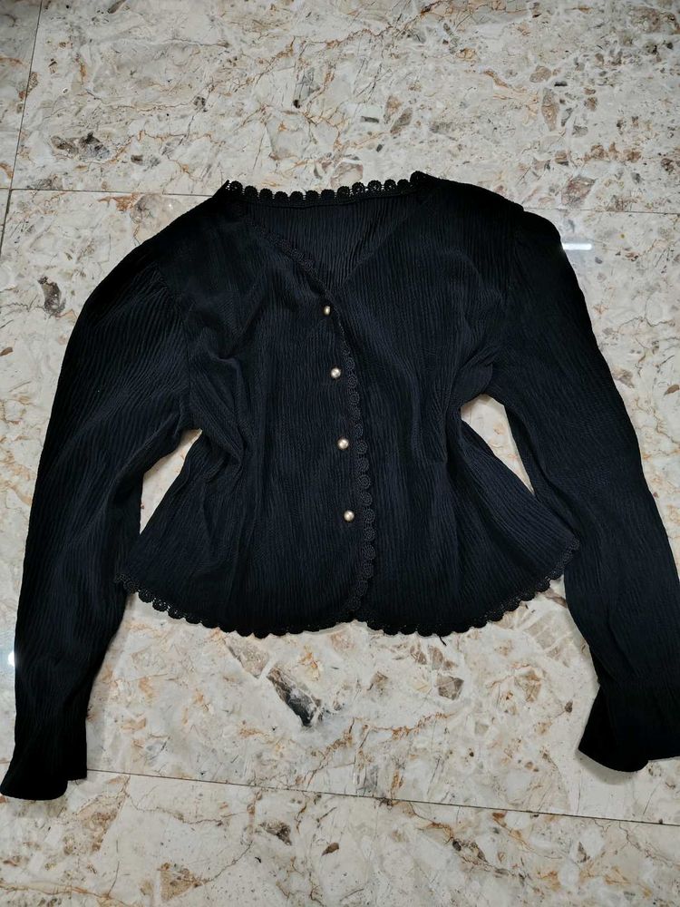 Elegant Black Textured Button-Up Top