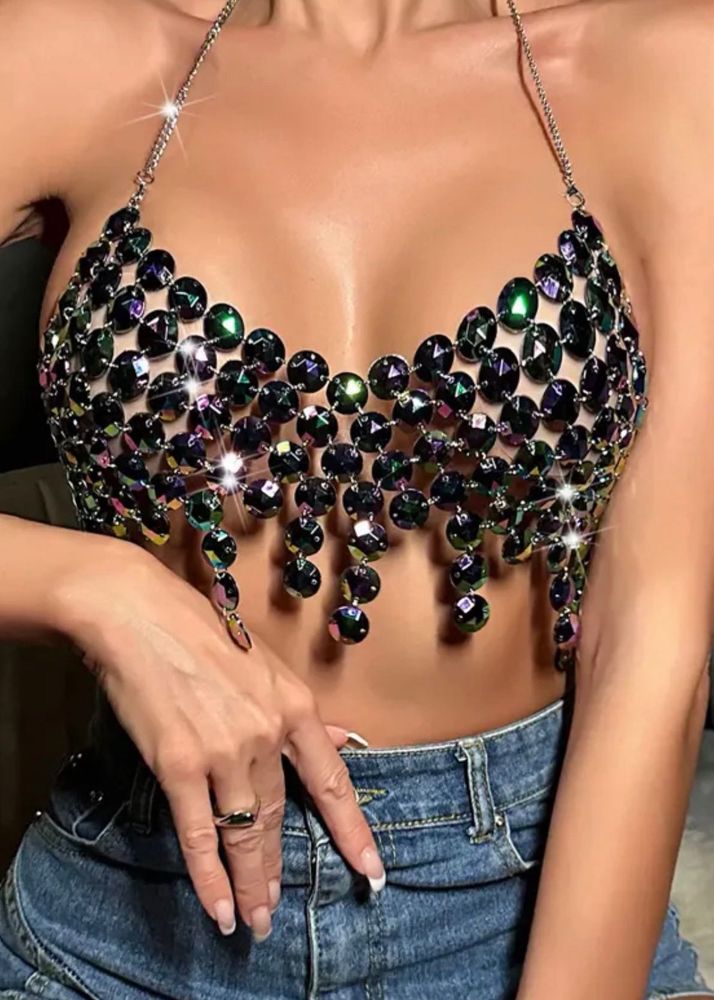 Black embellished chain bralette top