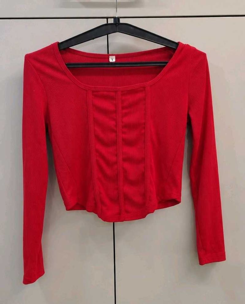 Red Ribbed Long Sleeve Crop Top