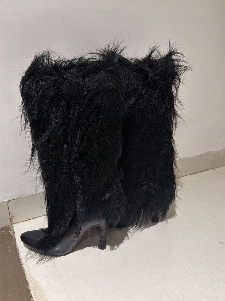 custom made Black Faux Fur Knee-High Boots