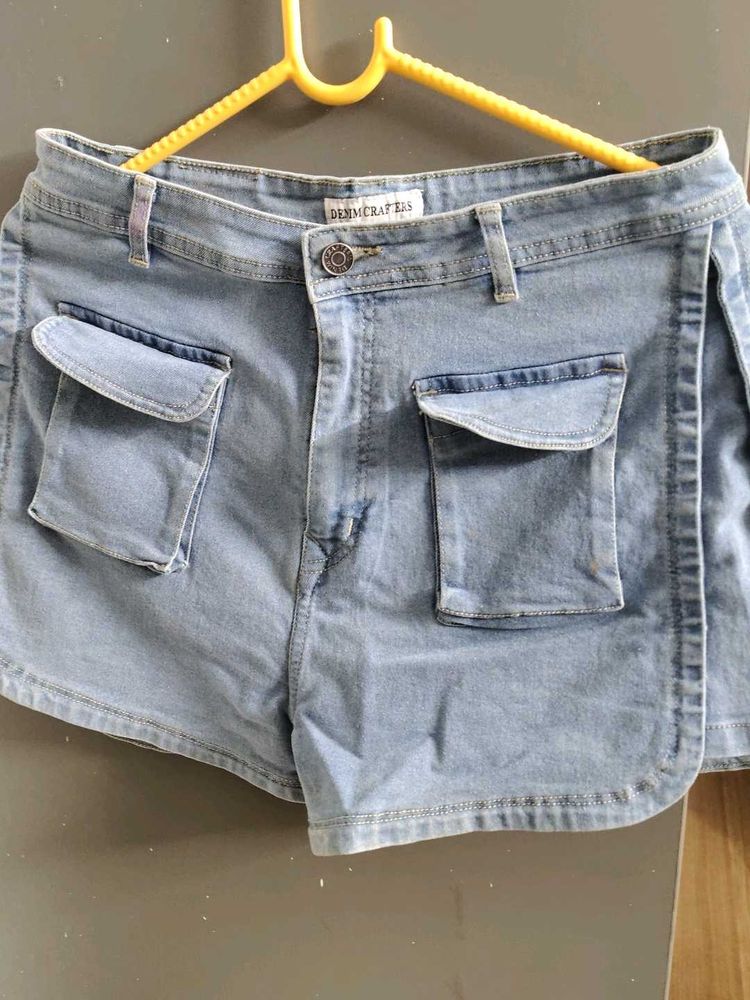 Light Wash Denim Skort with Cargo Pockets